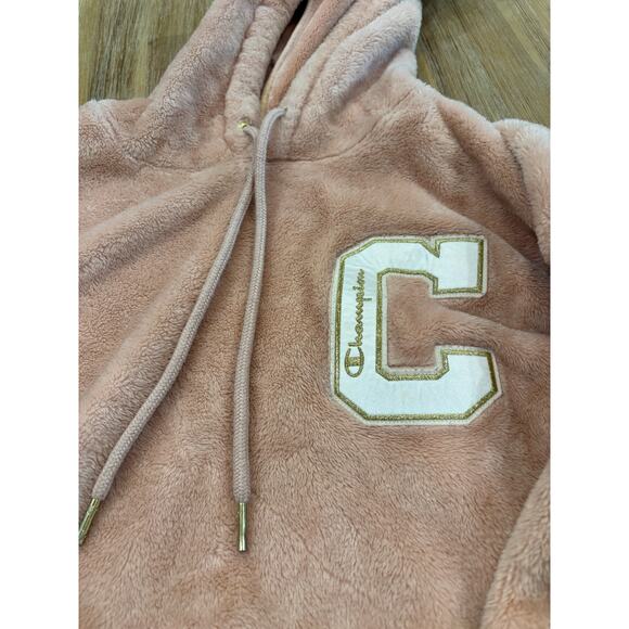 Velour Crop Hoodie Sweatshirt Blush Pink Champion Women M - Picture 3 of 8